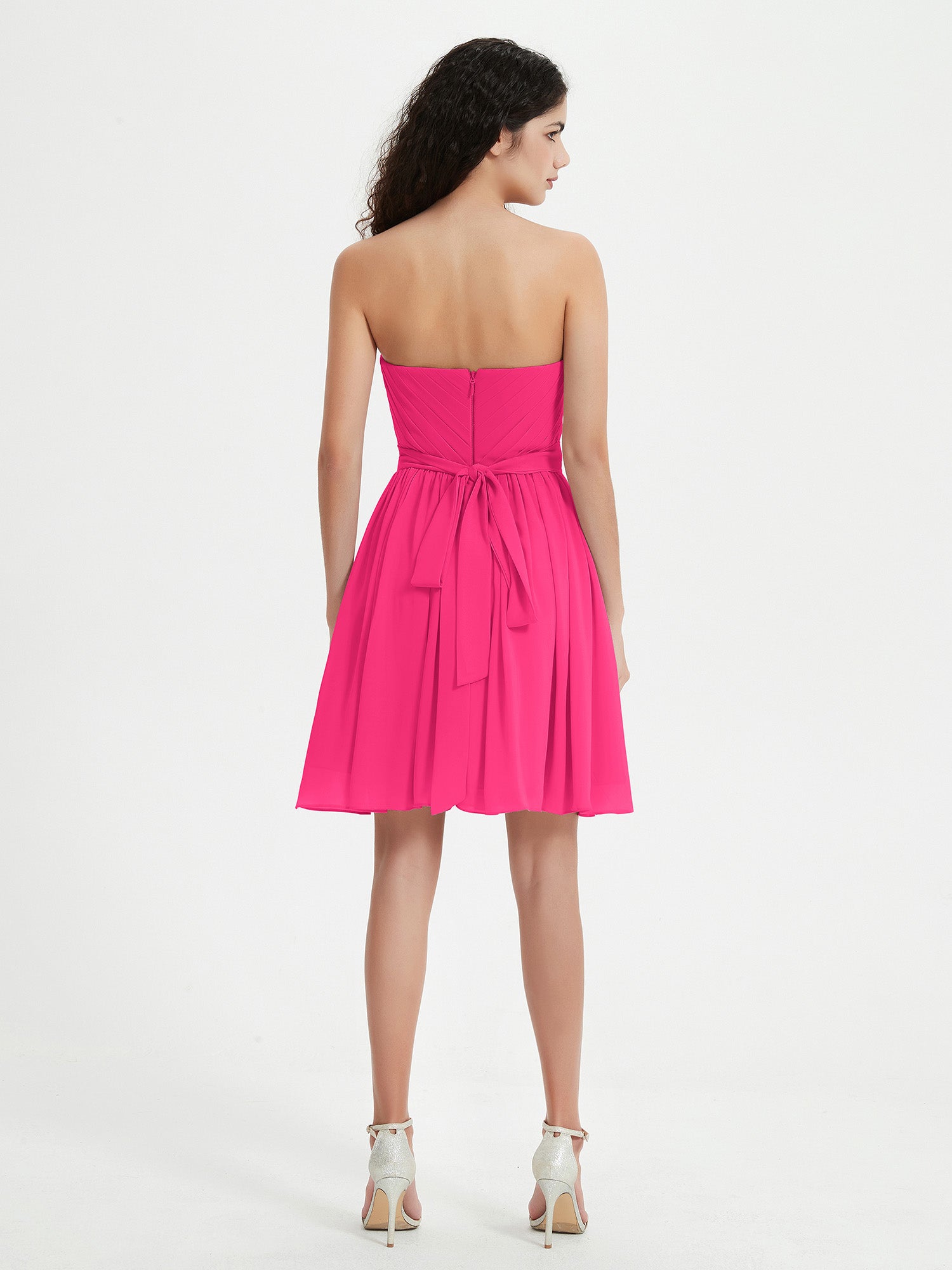 Strapless Chiffon Short Dresses with Bow Fuchsia